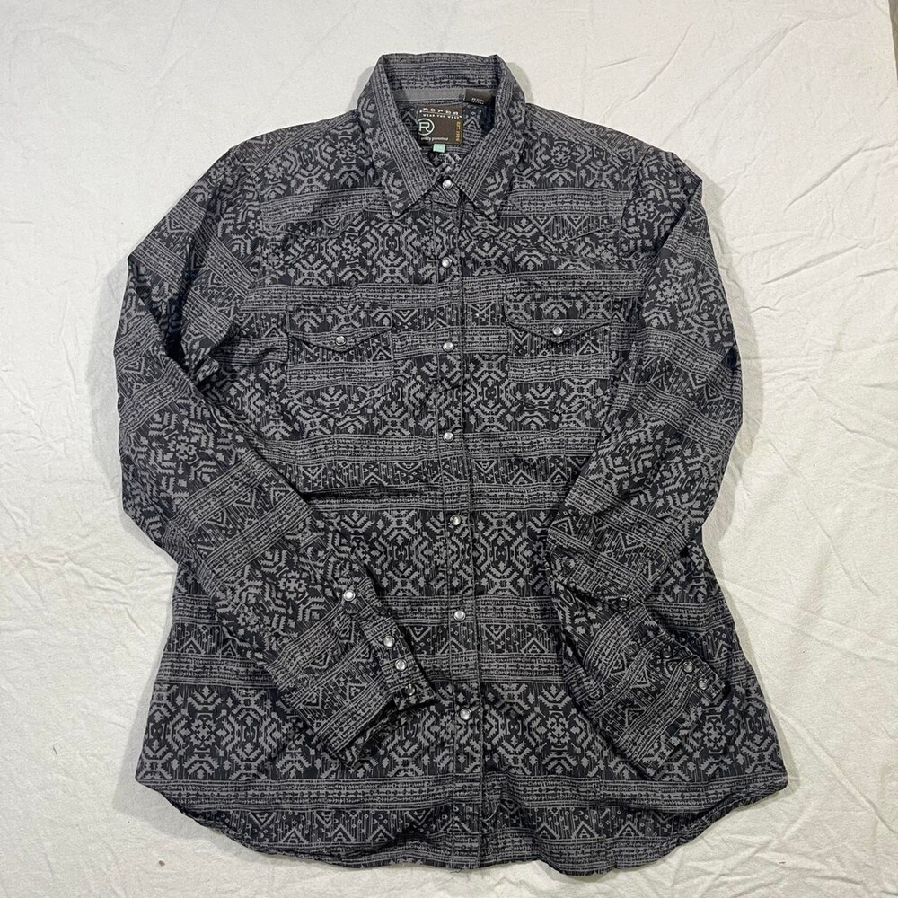 Roper Mens Black & Gray Geometric Pattern Western Button Up Shirt MED